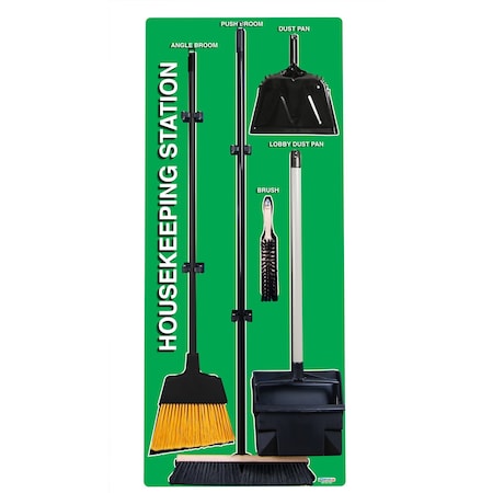 5S Housekeeping Shadow Board Broom Station Version 1 - Green Board / Black Shadows  With Broom